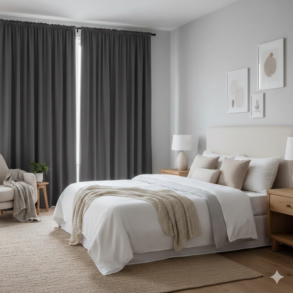 Mørklægningsgardiner i soveværelse med dæmpet belysning