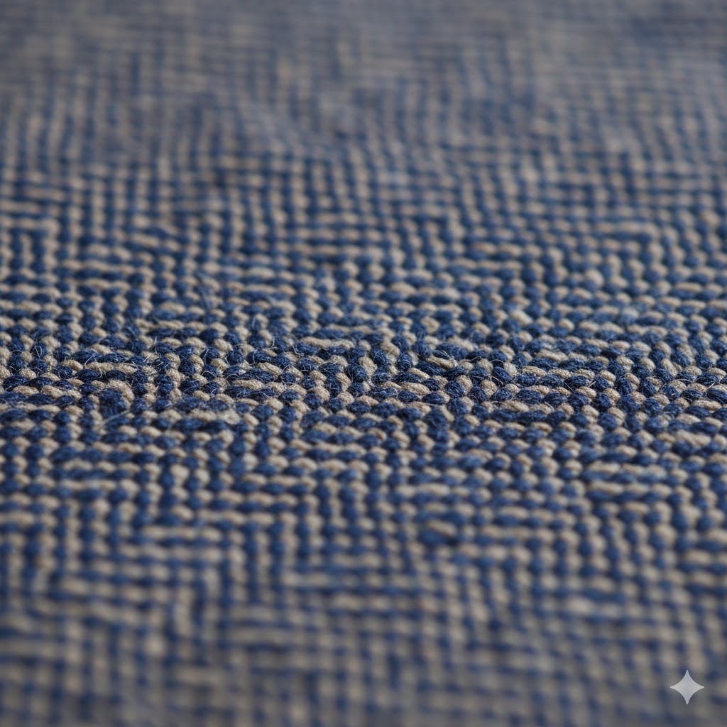 Detalje af struktureret gardinstof i dæmpede blå og beige nuancer