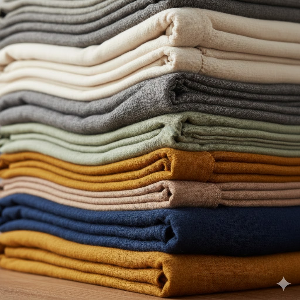 Nærbillede af bløde, foldede tekstiler i dæmpede nordiske farver