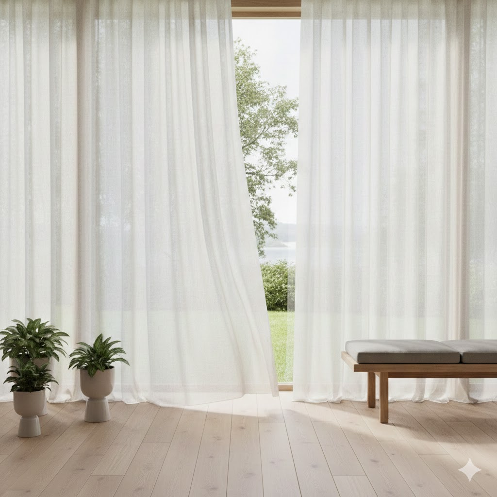 Luftige gardiner i stue med blødt nordisk lys