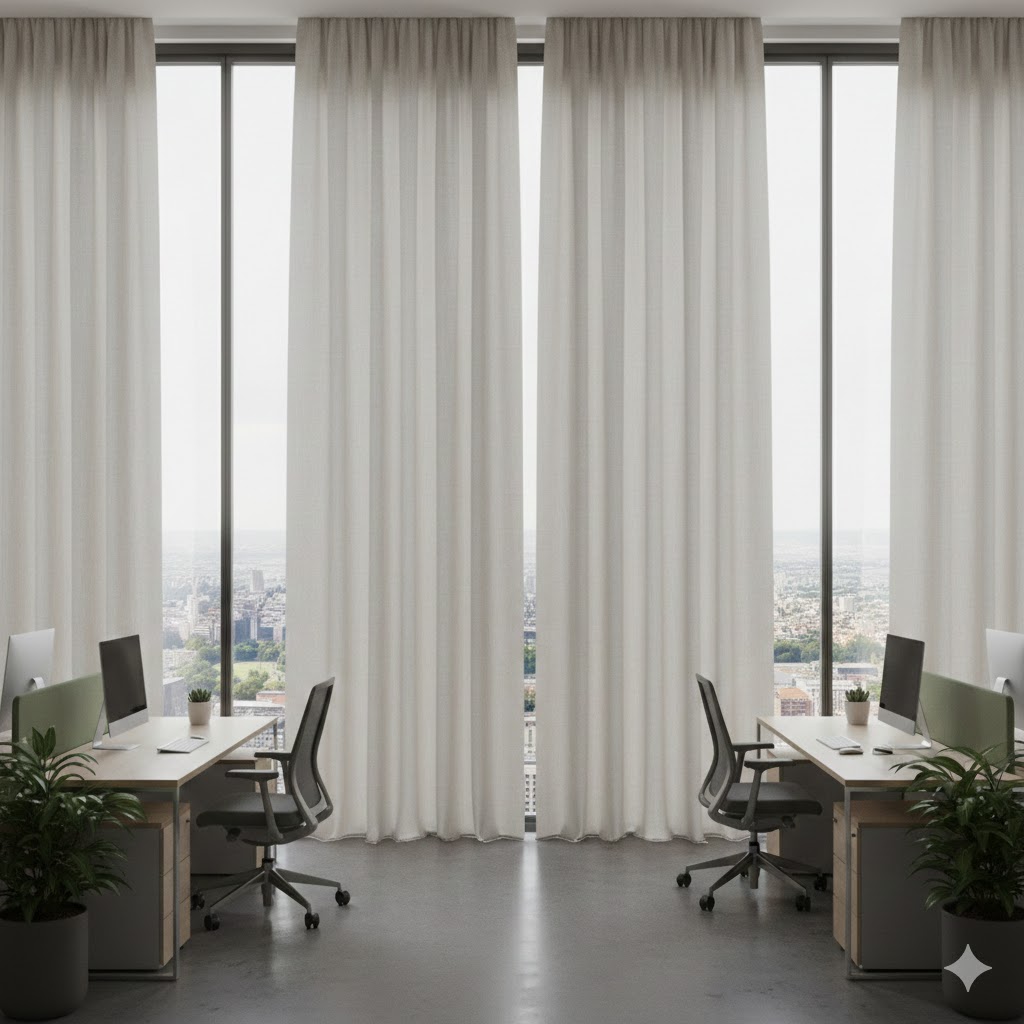 Tekstile løsninger i åbent kontormiljø med store vinduer